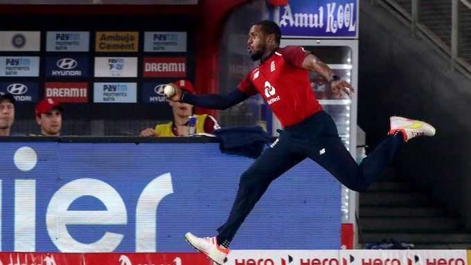 Chris Jordan pulling off a stunning effort in the fifth T20I against India (PC: ICC/Twitter)