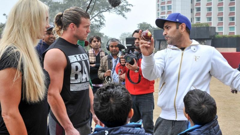 Sehwag teaching cricket to WWE Superstars