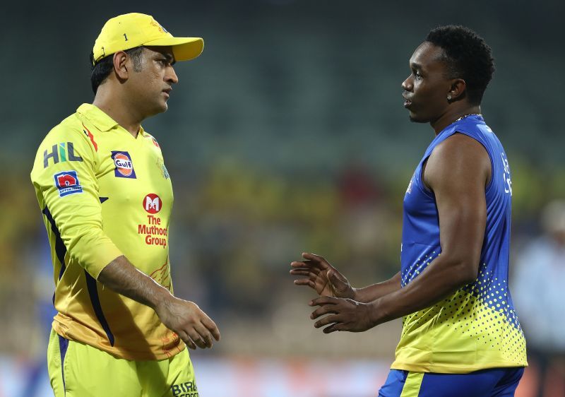 MS Dhoni (L) &amp; Dwayne Bravo at a CSK practice session