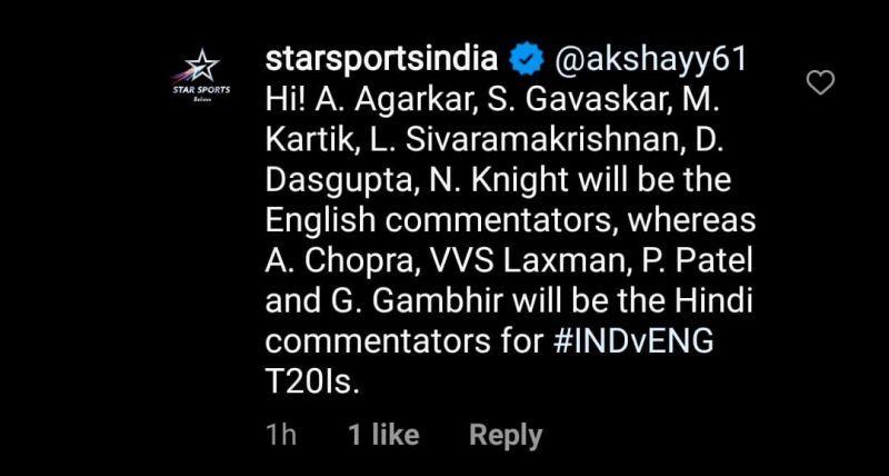 Star Sports' reply to a fan on Instagram