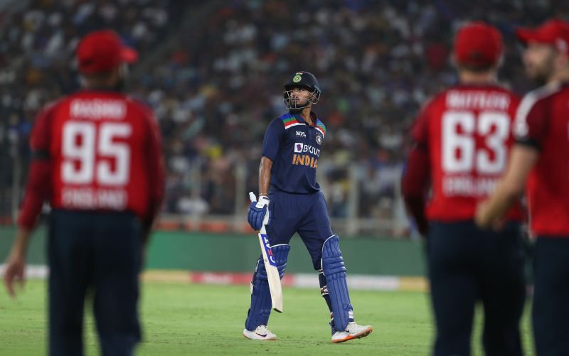 Shreyas Iyer walks off after being dismissed for 67 in the first T20I.