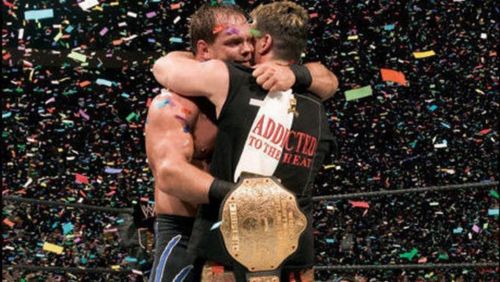 Chris Benoit hugging Eddie Guerrero