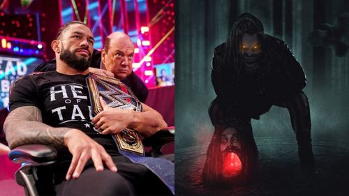 Roman Reigns and Paul Heyman (left); The Fiend (right)