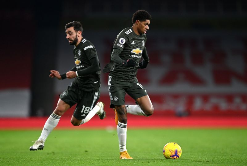 Manchester United&#039;s Bruno Fernandes (L) and Marcus Rashford (R). Photo: Shaun Botterill/Getty Images.