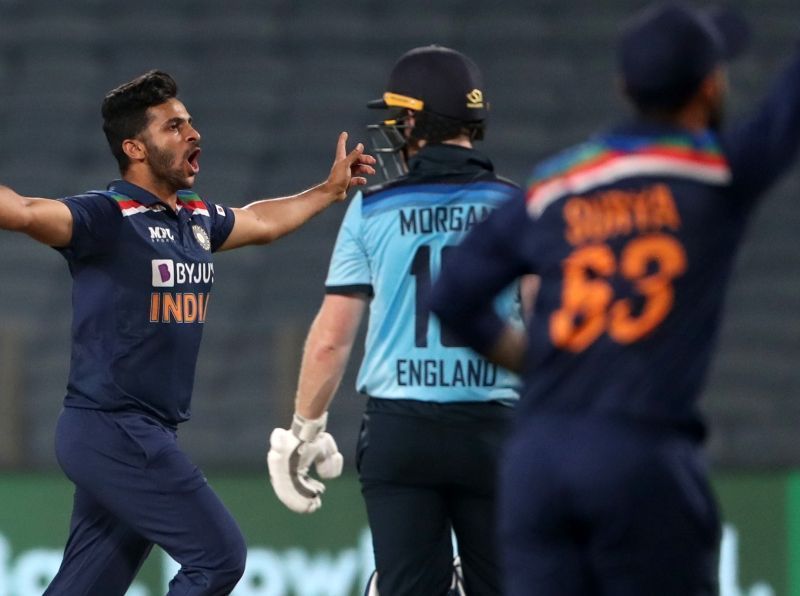 Shardul Thakur celebrates Eoin Morgan&#039;s wicket. Pic: ECB