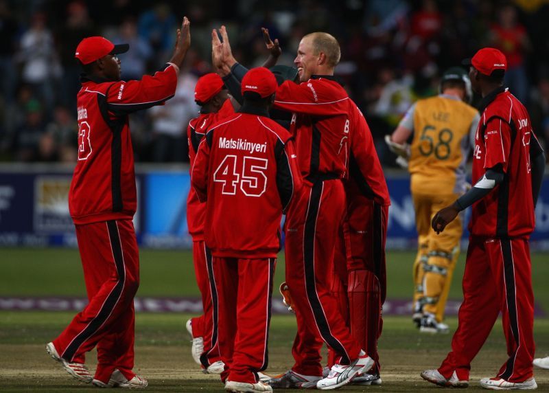 Zimbabwe celebrate the fall of Brett Lee