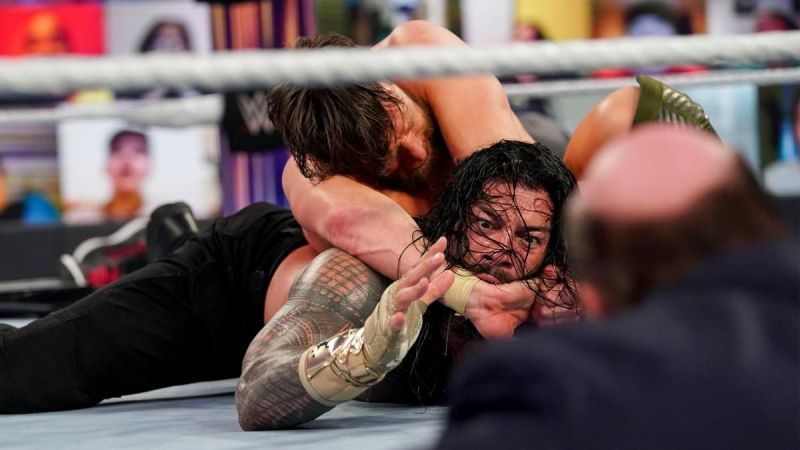 Roman Reigns moments before he tapped out at WWE Fastlane.