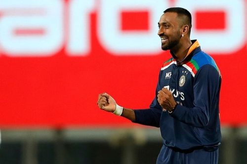 Krunal Pandya celebrates his first ODI wicket