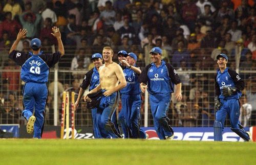 Andrew Flintoff celebrates England's ODI win in Mumbai in 2002