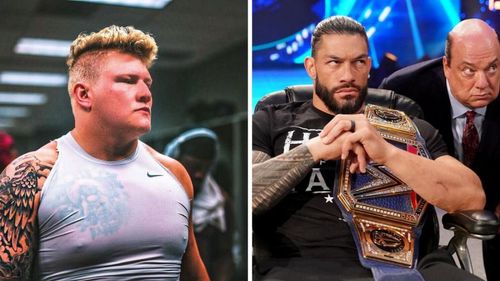 Parker Boudreaux, dubbed as the next Brock Lesnar (left); Roman Reigns & Paul Heyman (right)