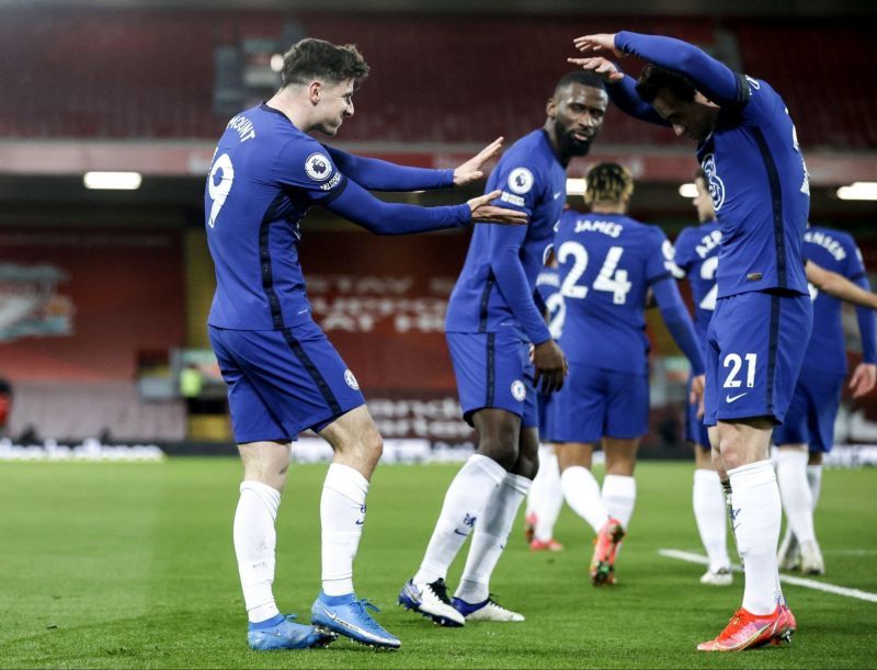 Mason Mount celebrates his goal with Ben Chilwell.