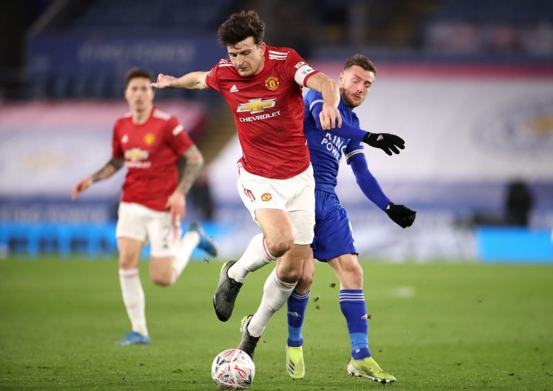 Manchester United captain Harry Maguire in action against Leicester City in the FA Cup