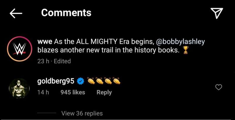 Goldberg's comment on WWE's Instagram post following Bobby Lashley's WWE title win