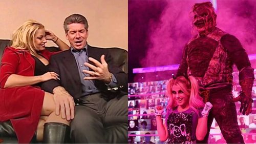 Trish Stratus and Vince McMahon (left), Alexa Bliss and The Fiend (right)