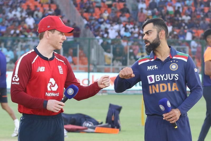 Skippers Eoin Morgan(L) and Virat Kohli