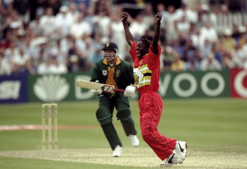 Henry Olonga afer taking the final wicket in the encounter