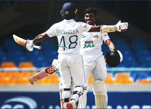 Niroshan Dickwella celebrates Pathum Nissanka's hundred. (Photo: Twitter)