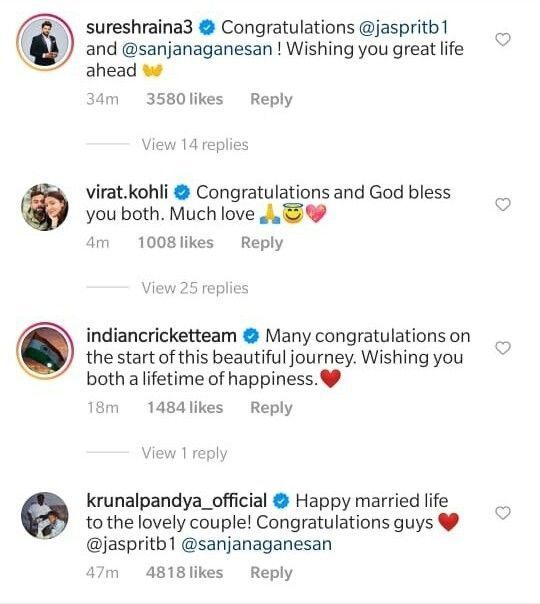 Congratulatory messages from cricketers in reply to Jasprit Bumrah's Instagram post