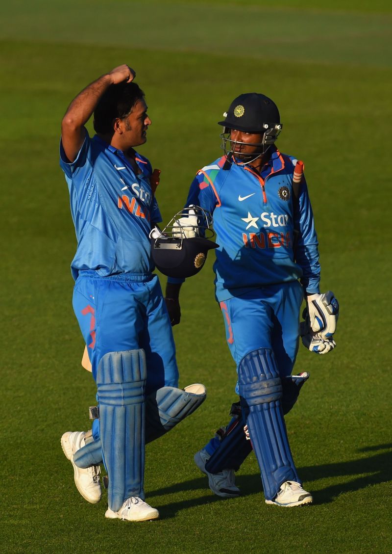 MS Dhoni (left) and Ambati Rayudu after the Birmingham T20I in 2014.