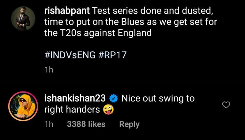 Ishan Kishan's comment on Rishabh Pant's latest Instagram post