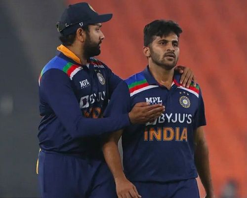 Rohit Sharma with Shardul Thakur. Pic: BCCI