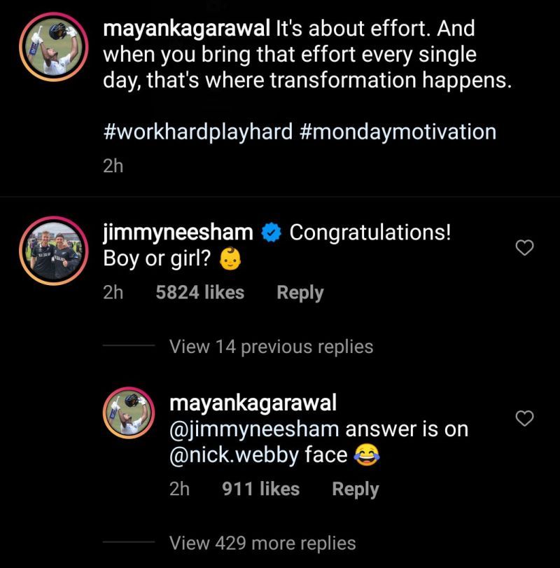 James Neesham's comment on Mayank Agarwal's recent Instagram post