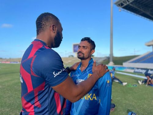 Kieron Pollard and Danushka Gunathilaka. West Indies vs Sri Lanka - 1st ODI (2021)