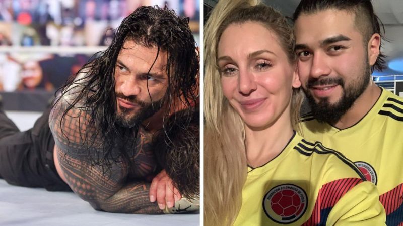 Roman Reigns (left); Andrade and Charlotte Flair (right)