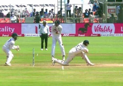 Dom Sibley's dismissal against Axar Patel on Saturday. (PC: Twitter