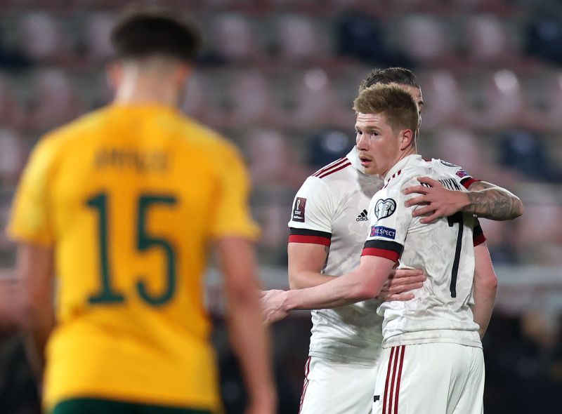 Kevin De Bruyne celebrates after scoring a goal for Belgium.