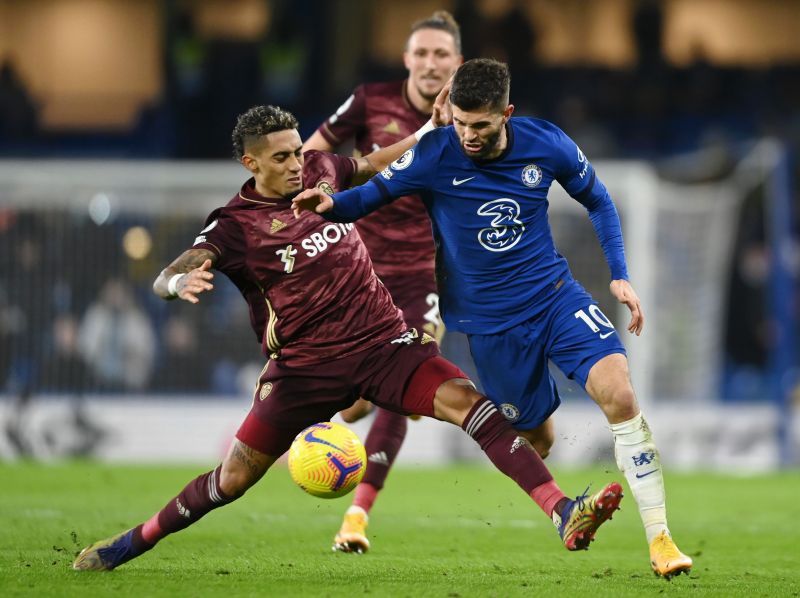 Raphina taking on Christian Pulisic during Leeds United&#039;s Premier League encounter against Chelsea