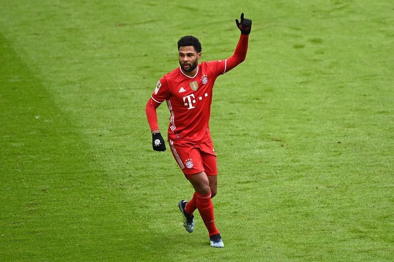 Serge Gnabry rejoices after scoring a goal.