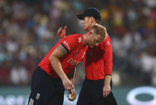 Ben Stokes and Eoin Morgan after England's loss to West Indies in the 2016 T20 World Cup final.