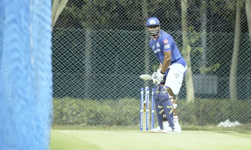 Kieron Pollard was in full flow while batting in the nets.