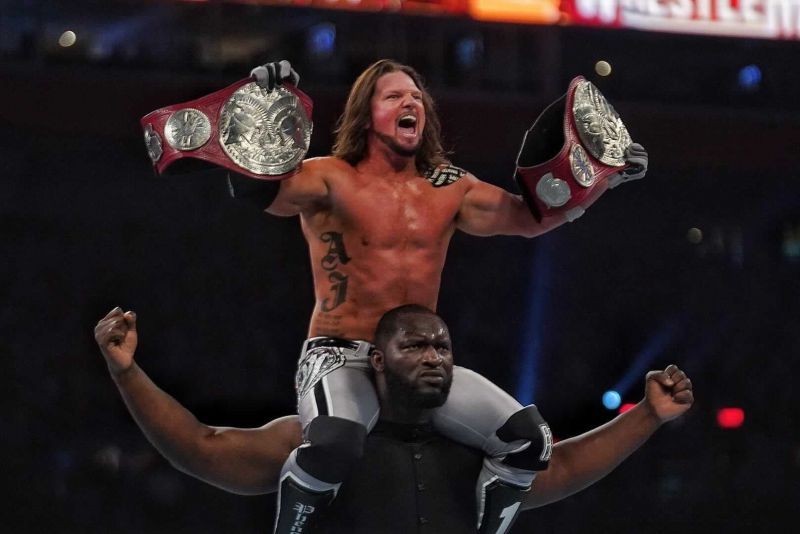 AJ Styles and Omos after winning the WWE RAW Tag Team Championship