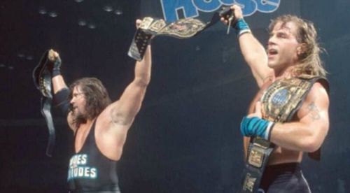 Shawn Michaels and Diesel with the WWE Tag Team Championships