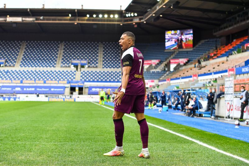 Kylian Mbappe rejoices after scoring a goal