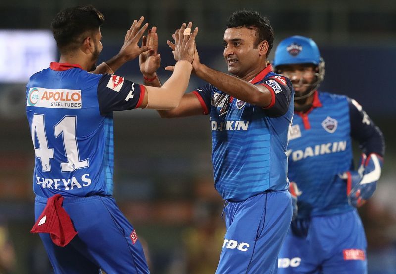 Amit Mishra celebrates with Delhi Capitals captain Shreyas Iyer.