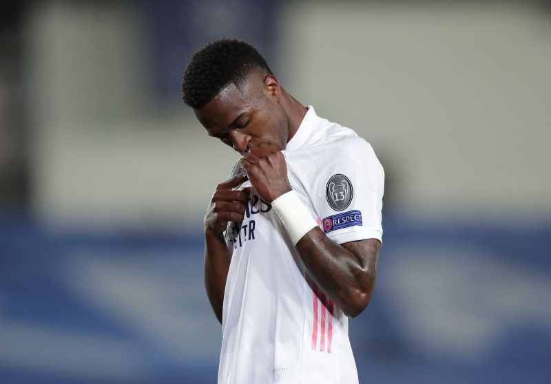 Vinicius Jr. celebrates after scoring Real Madrid&#039;s opener.