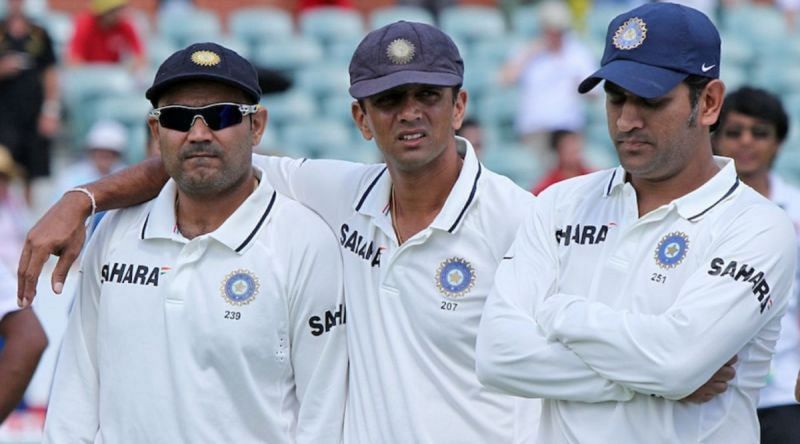 Virender Sehwag, Rahul Dravid, and MS Dhoni (Photo: BCCI)