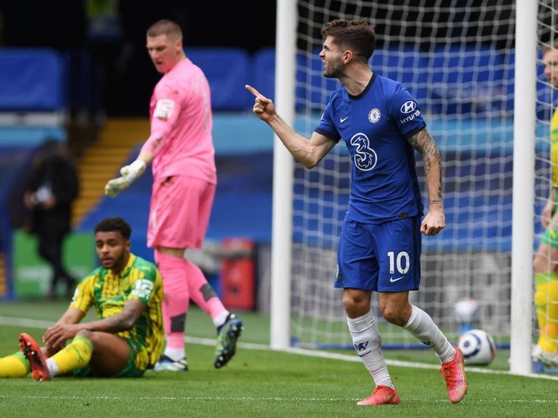 Christian Pulisic celebrates his goal against West Bromwich Albion.