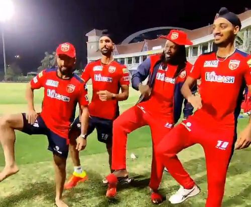 Mandeep Singh, Harpreet Brar, Chris Gayle and Arshdeep Singh. (L-R).Pic Credits: PunjabKingsIPL Twitter