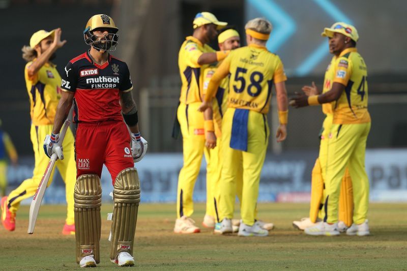 Virat Kohli walks back after scoring a 7-ball 8 against CSK