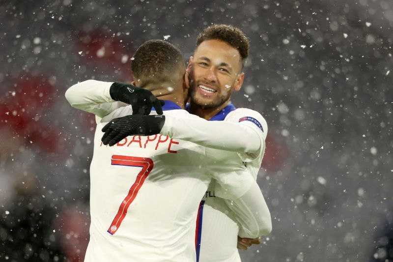 Neymar and Kylian Mbappe celebrate a goal for Paris Saint-Germain