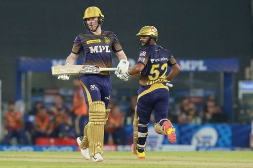 Eoin Morgan (left) and Rahul Tripathi. Pic: IPLT20.COM