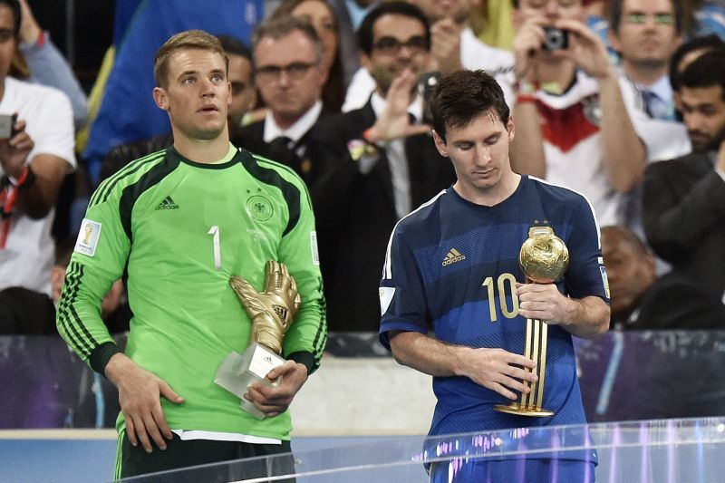 Manuel Neuer with the Golden Glove and Lionel Messi with the Golden Ball at the 2014 FIFA World Cup