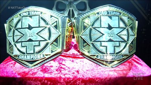 The WWE NXT Tag Team Championships on display at TakeOver: Stand & Deliver