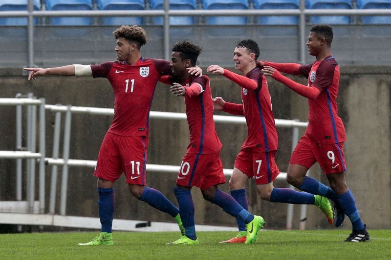 England U17 team of 2017 featuring Jadon Sancho, Phil Foden, Angel Gomes and Ryan Brewster.