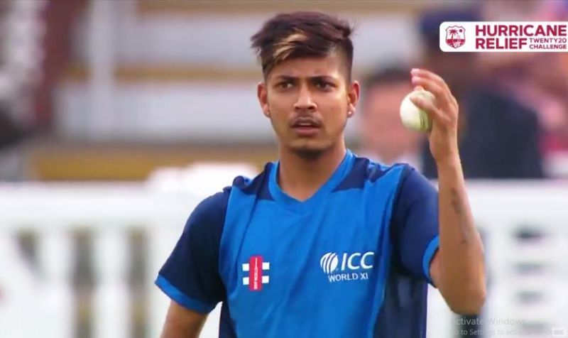 Sandeep Lamichhane in action for the World XI against the West Indies at Lord&#039;s in 2018