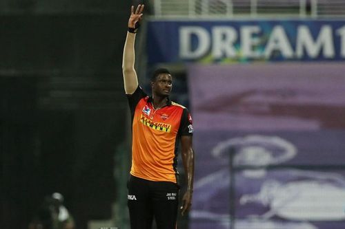 Jason Holder of Sunrisers Hyderabad celebrates a wicket during IPL 2020